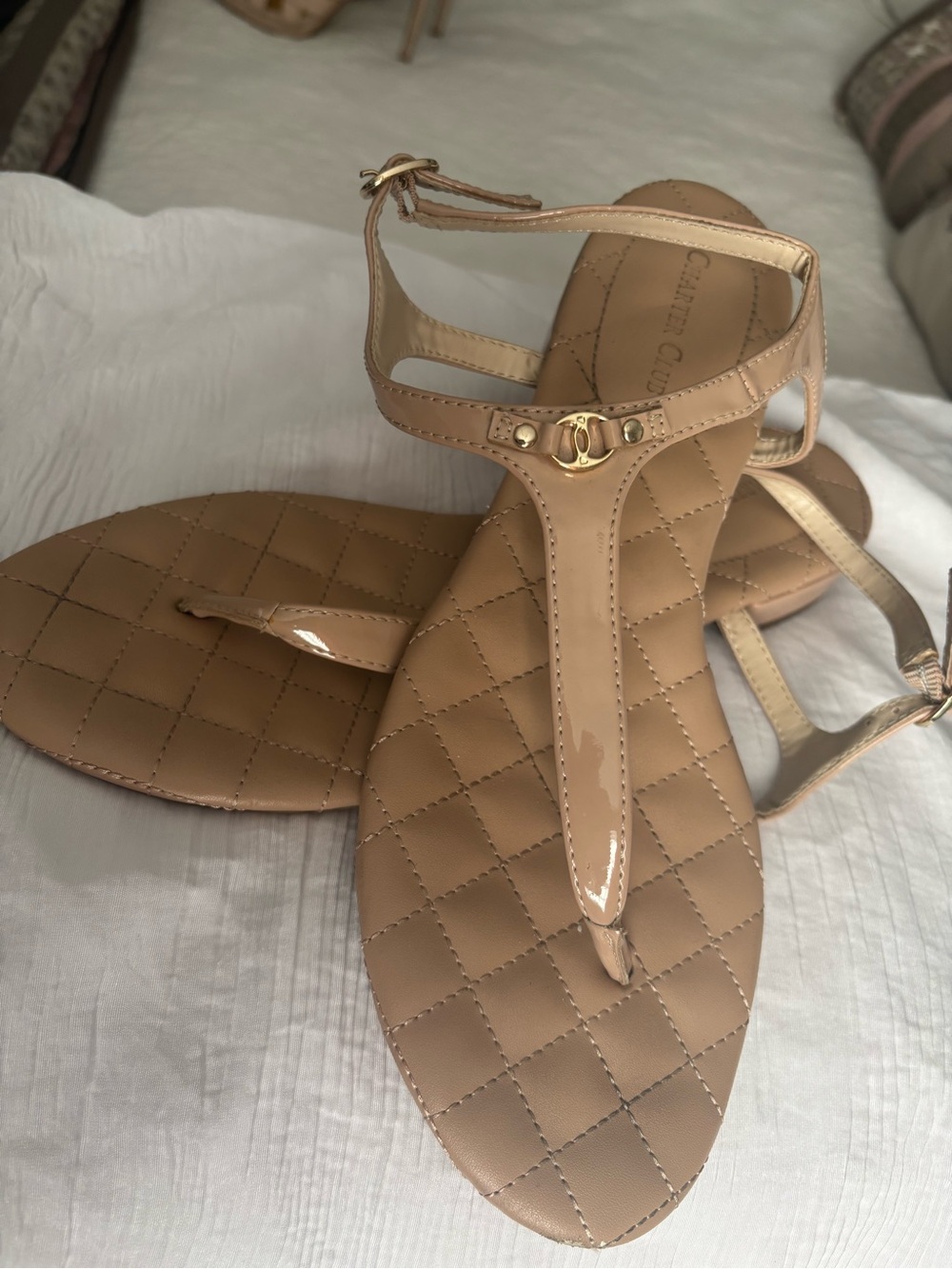 Charter Club Patent Quilted T-Strap Sandals in Beige